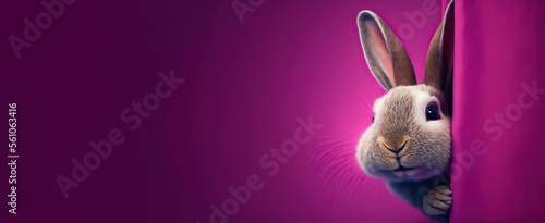 Curious rabbit peeking around the corner, on a purple background, created using Generative AI technology. Copy space. 