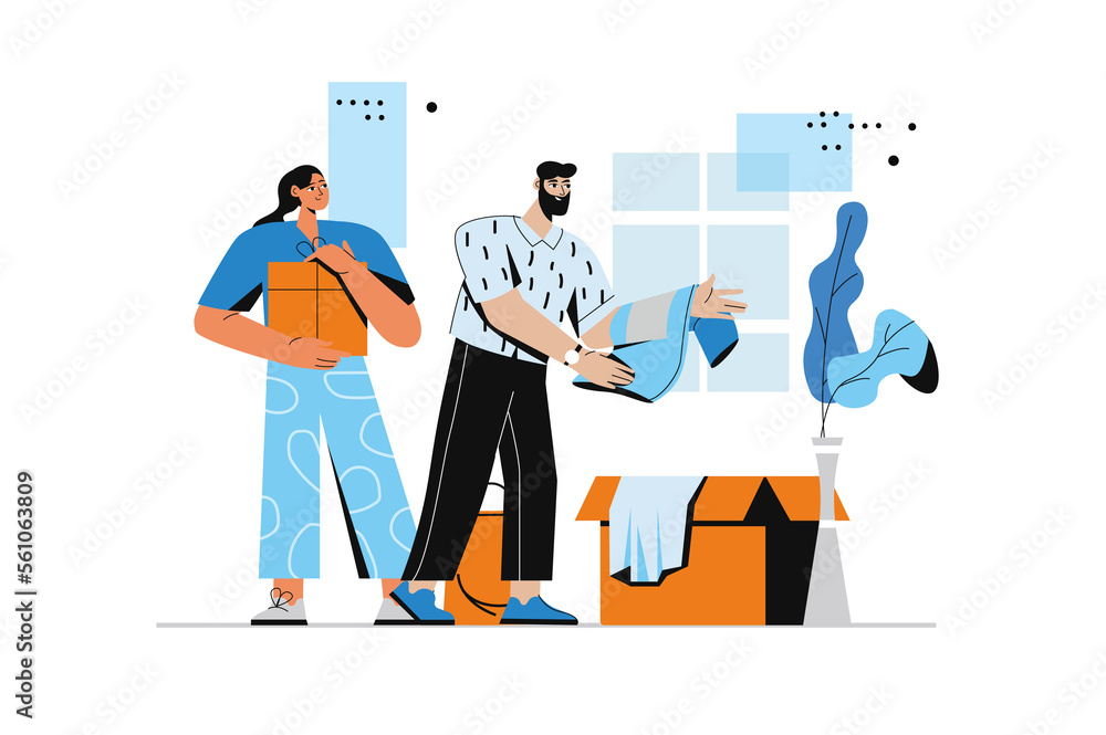 Donation concept with people scene in flat style. Man and woman donates clothes and giving other goods, collecting humanitarian parcel in cardboxes. Illustration with character design for web