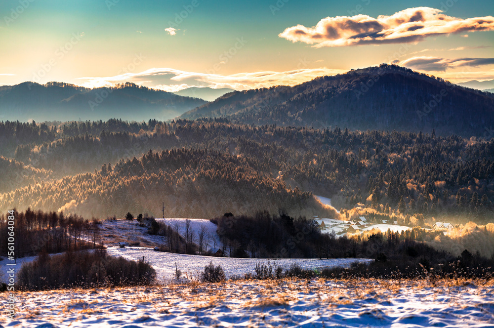 Colorful winter landscape of Bieszczady Mountains in Poland
