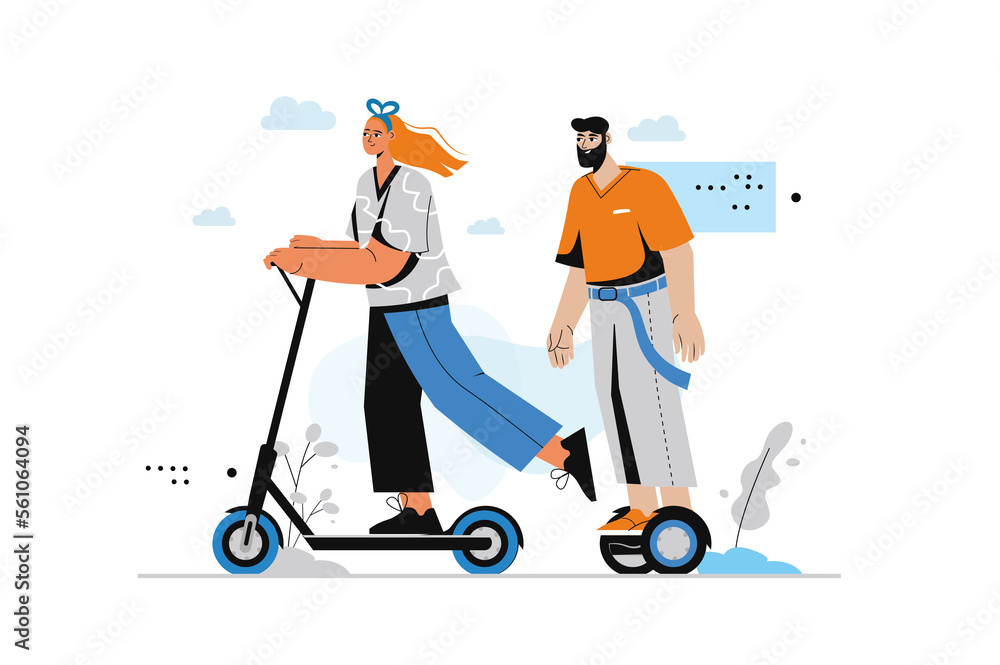 Ecological transport concept with human scene in flat style. Eco friendly woman rides scooter and man on hoverboard moves along streets of city. Illustration with character design for web