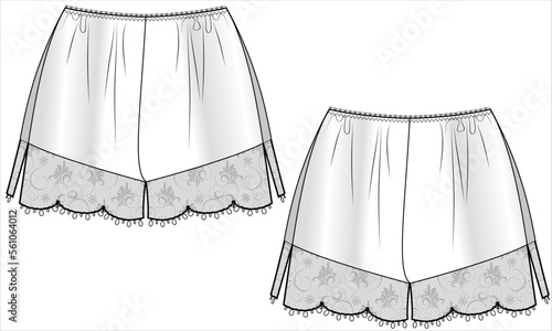 LACY HEMLINE WITH SIDE SLIT NIGHTWEAR SHORTS FRONT AND BACK IN VECTOR FILE