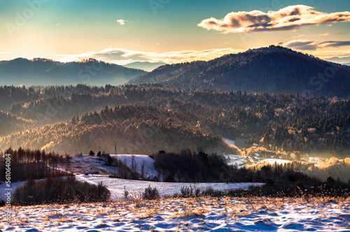 Colorful winter landscape of Bieszczady Mountains in Poland