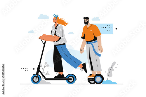 Ecological transport concept with human scene in flat style. Eco friendly woman rides scooter and man on hoverboard moves along streets of city. Illustration with character design for web