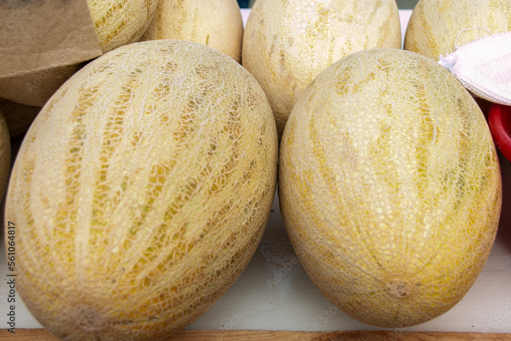 Ripe and juicy melons lie on the counter in the market. Sale of ripe and fresh vegetables and fruits at the farmers' market. Close-up.
