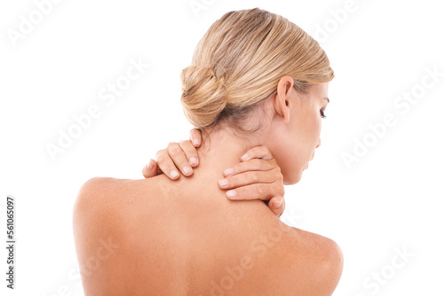 Blond woman, back and hands in skincare, beauty and touching neck against a white studio background. Isolated young female with blond hair relaxing in self love or self care on white background