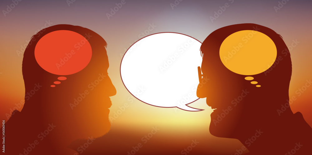 Concept du double langage avec deux hommes qui discute face à face et en cherchant à manipuler l’autre par le mensonge. Concept du double langage avec deux hommes qui discute face à face et en cherchant à manipuler l’autre par le mensonge.