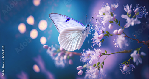 Nature macro banner, delicate artistic image of beauty of spring, butterfly on flowers background blue color with beautiful bokeh. Generation AI © Adin