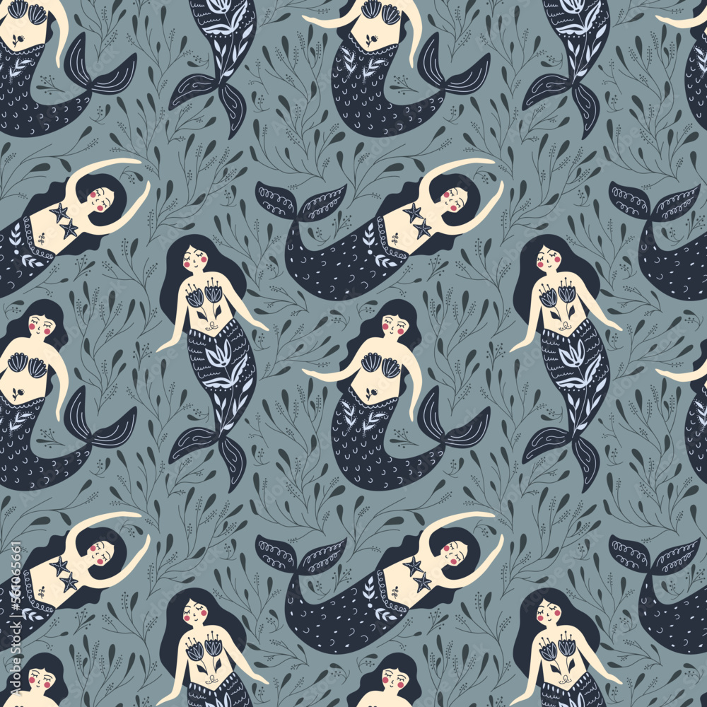 Beautiful mermaids swim underwater. Seamless pattern, vector illustration Beautiful mermaids swim underwater. Seamless pattern, vector illustration