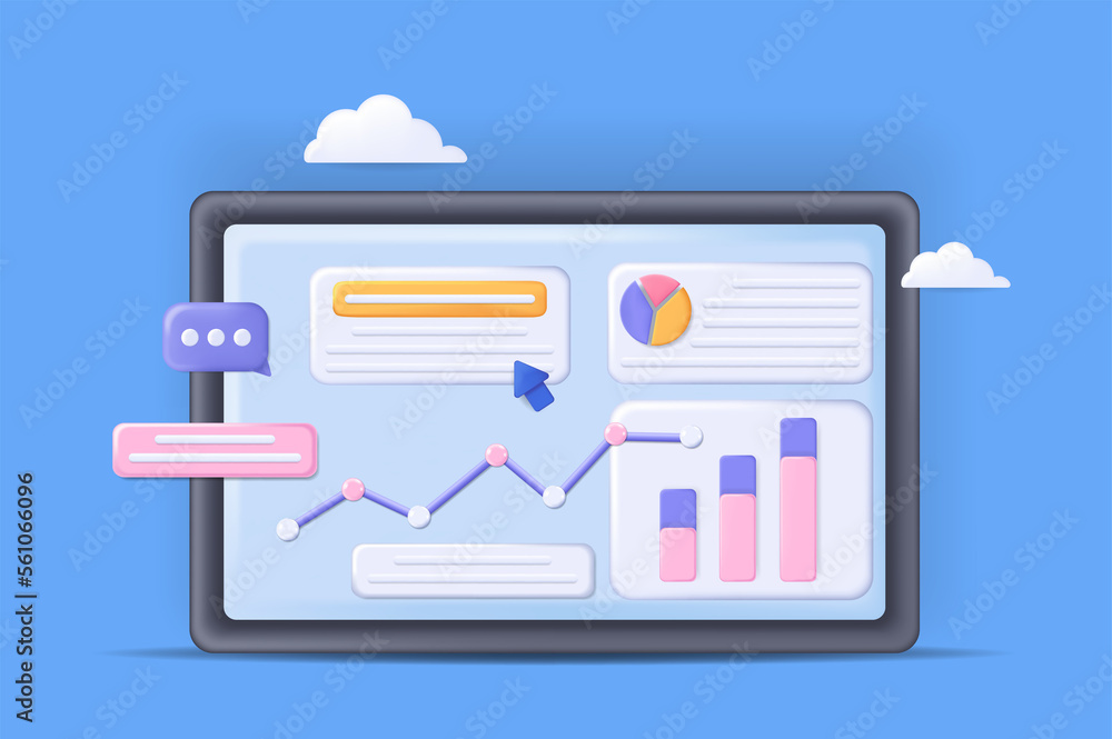 Realistic concept of seo scene without people in cartoon 3D style. Image of statistical data on seo analysis on a computer.