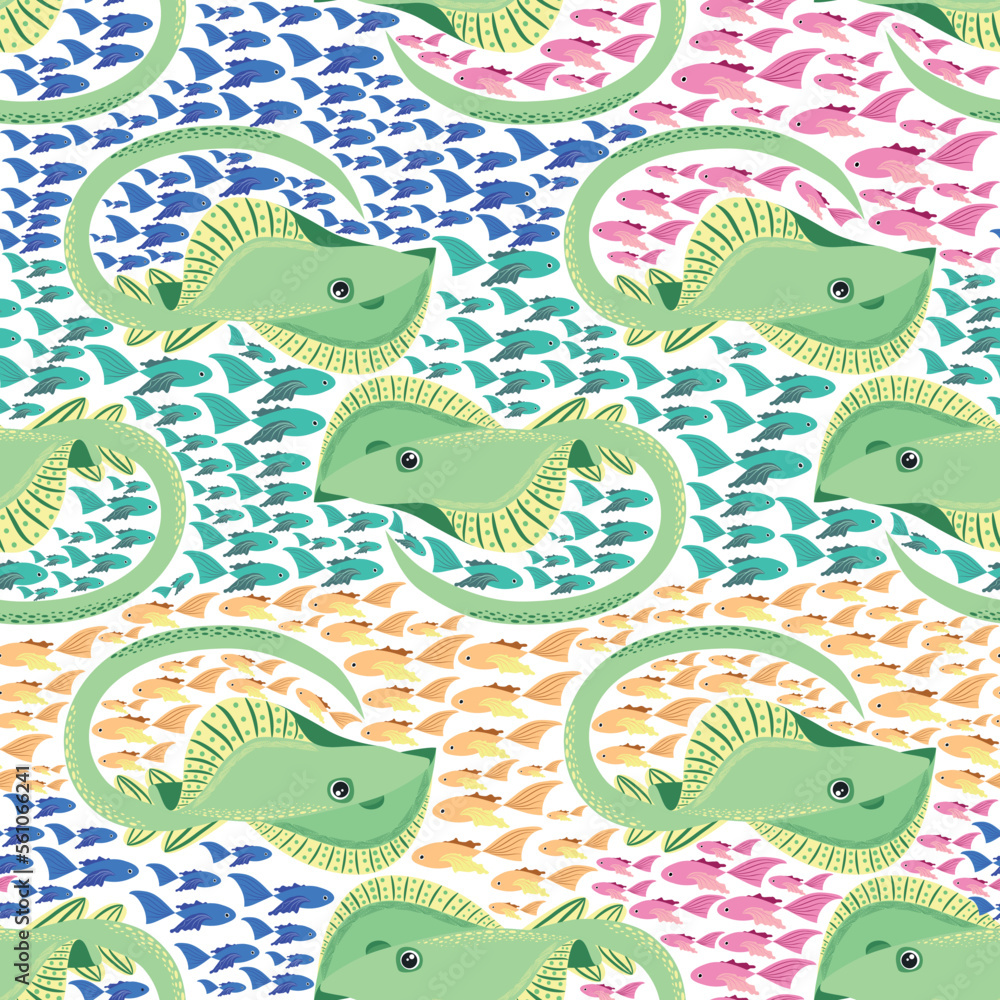 Fototapeta premium Batomorphi sea life, fish, animals bright seamless pattern. sea travel, snorkeling with animals, tropical fish