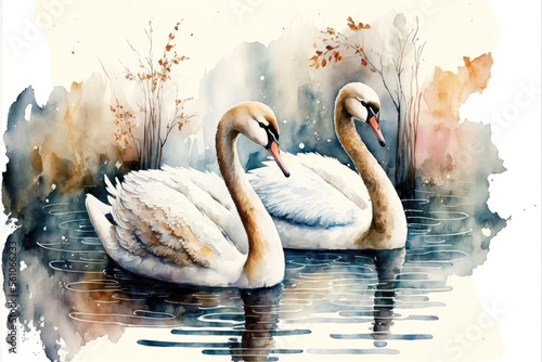 Fototapeta Naklejka Na Ścianę i Meble -  Cute couple swans in the lake watercolor painting. Generative AI
