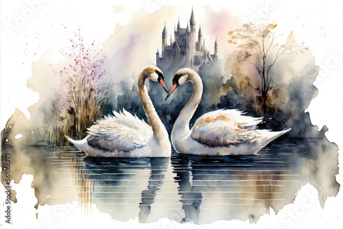 Fototapeta Naklejka Na Ścianę i Meble -  Cute couple swans in the lake watercolor painting. Generative AI