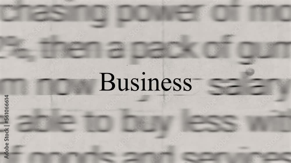 Business in the news headline - text intro flashing breaking news topic trend. Politics, economics, society, controversial debates, and current affairs. Newspaper, social media TV networks. 