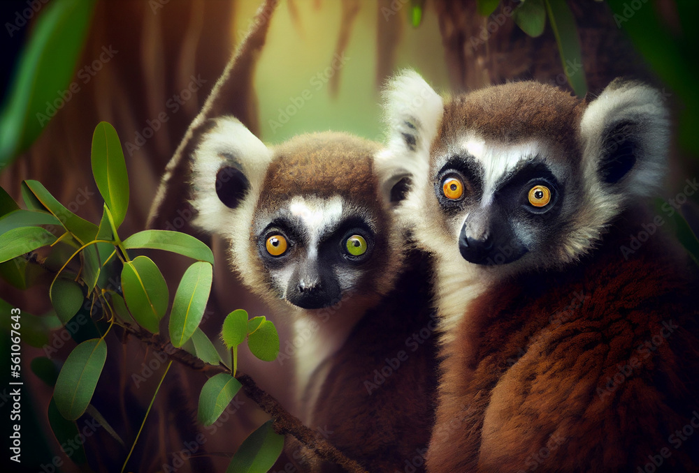 Fototapeta premium Two madagascar's lemurs sitting on a tree. Generative Ai Art.