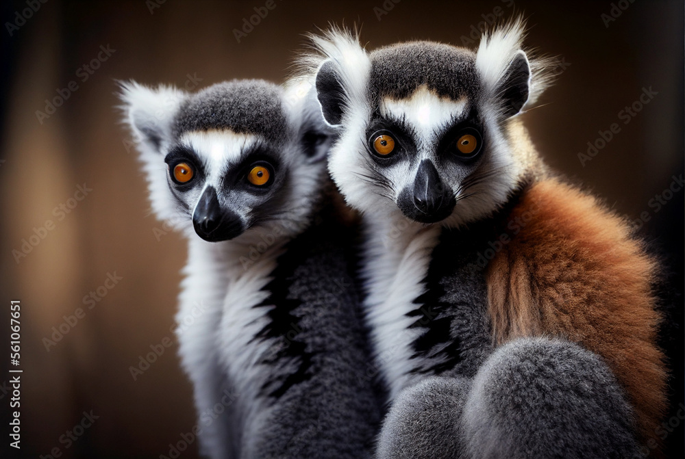 Two madagascar's lemurs sitting on a tree. Generative Ai Art. Two madagascar's lemurs sitting on a tree. Generative Ai Art.