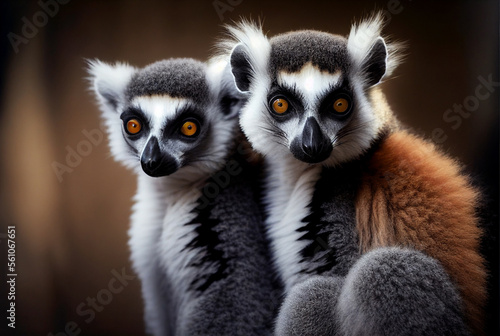 Two madagascar's lemurs sitting on a tree. Generative Ai Art. photo