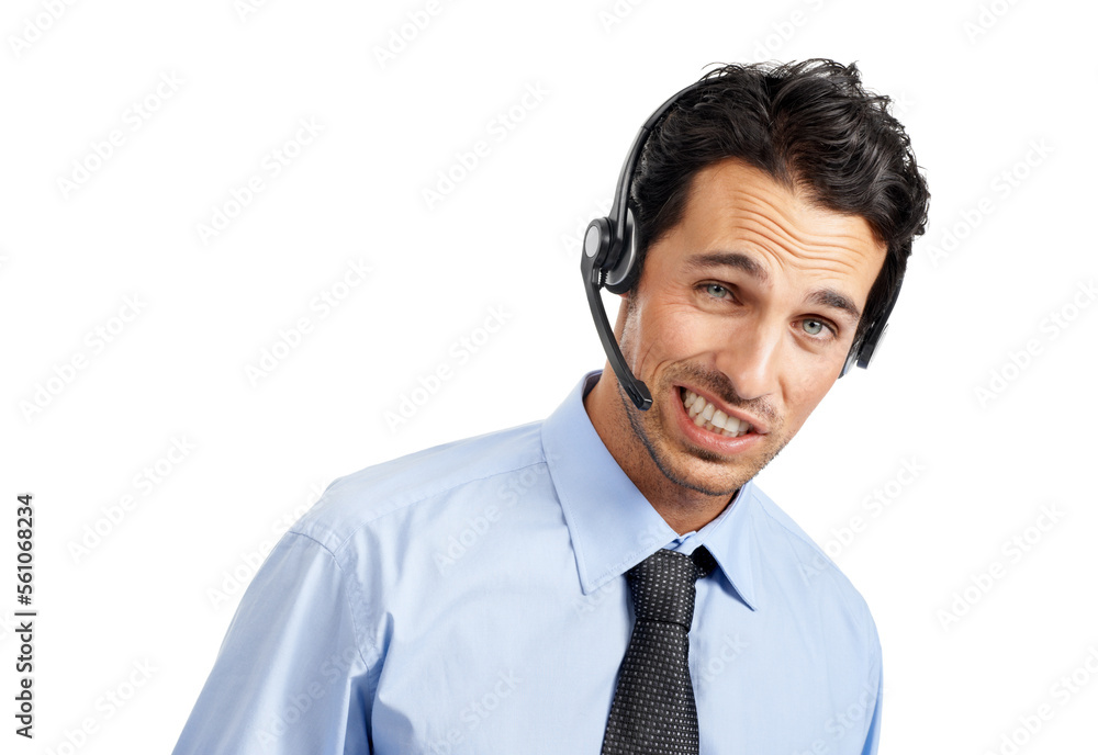 Call center, oops face or funny man consulting on contact us CRM, telemarketing or telecom communication. Business portrait, customer service or customer support consultant talking about a mistake Call center, oops face or funny man consulting on contact us CRM, telemarketing or telecom communication. Business portrait, customer service or customer support consultant talking about a mistake