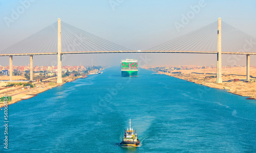 Canvastavla Railway swing bridge over Suez Canal, Egypt
Large container ship, accompanied by