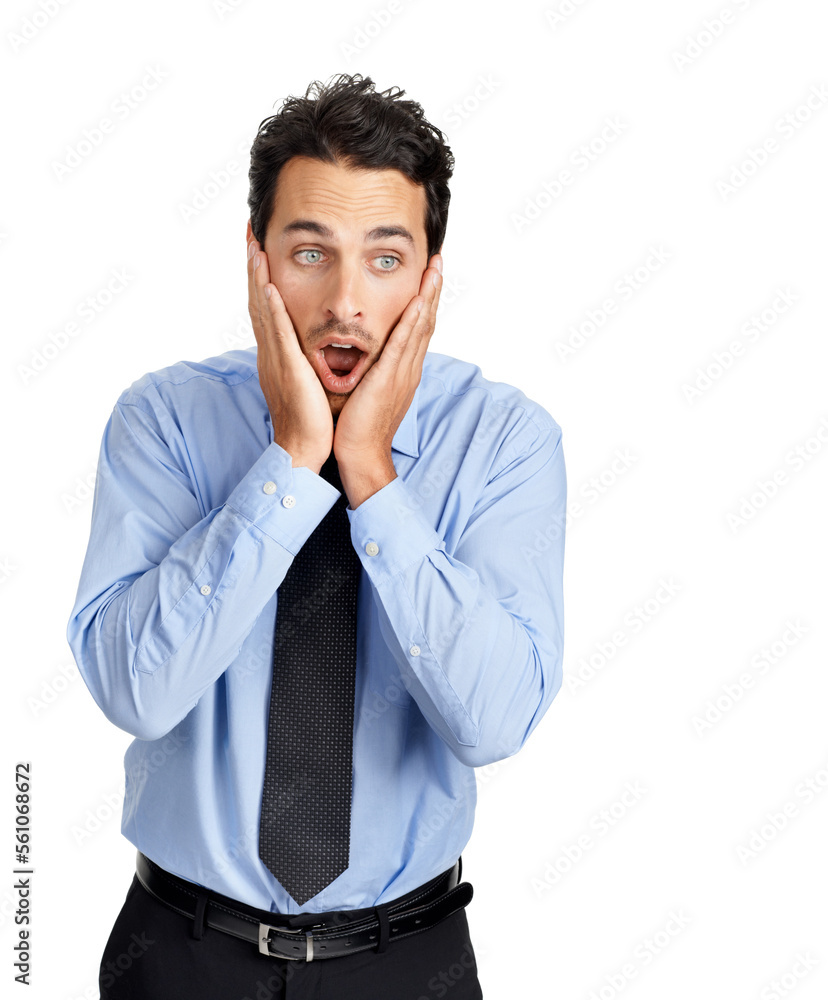 Fear, anxiety and stress of businessman thinking of problem, fail and mistake with worry. Bad surprise and overwhelmed corporate worker anxious with dramatic face in white studio background Fear, anxiety and stress of businessman thinking of problem, fail and mistake with worry. Bad surprise and overwhelmed corporate worker anxious with dramatic face in white studio background