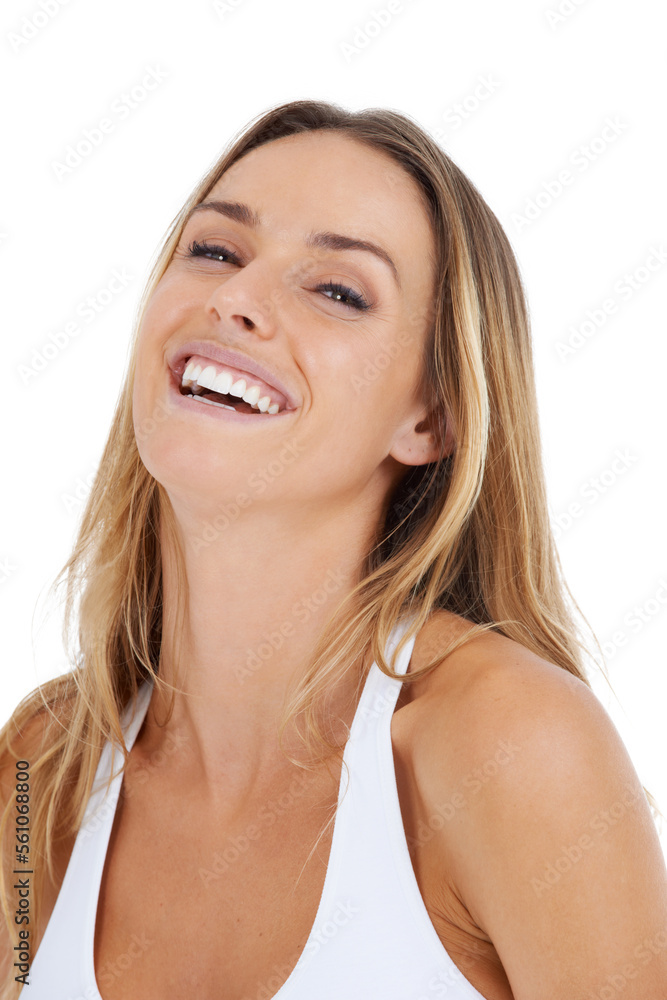 Happy, laughing portrait and woman of a isolated model with a smile and natural beauty. Happiness, smiling and beautiful person alone with mock up in a studio feeling positive with white background Happy, laughing portrait and woman of a isolated model with a smile and natural beauty. Happiness, smiling and beautiful person alone with mock up in a studio feeling positive with white background