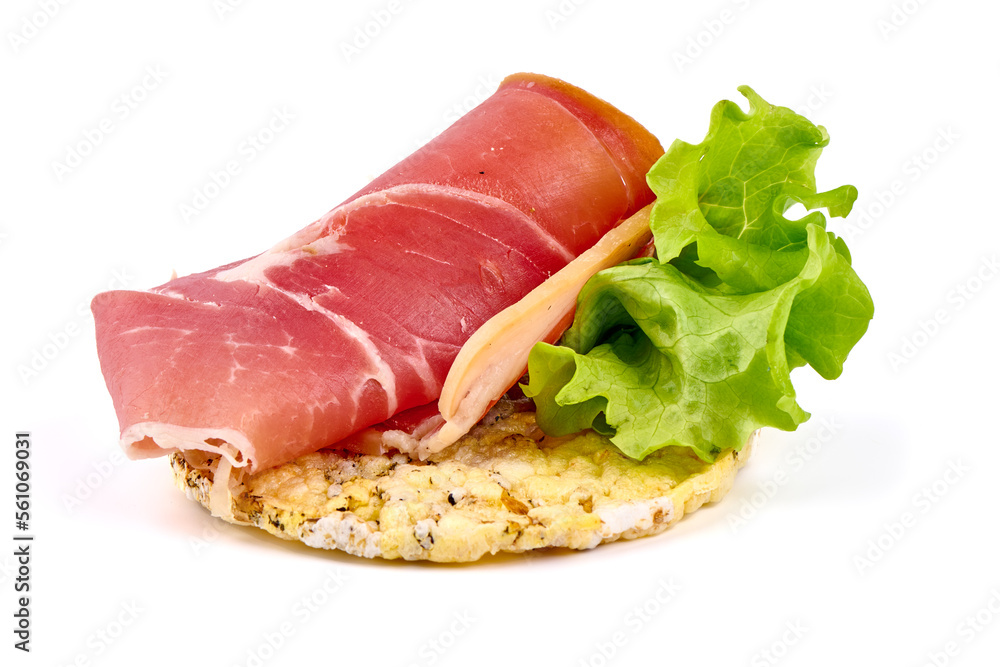 Italian prosciutto crudo or jamon. Raw ham. Isolated on white background