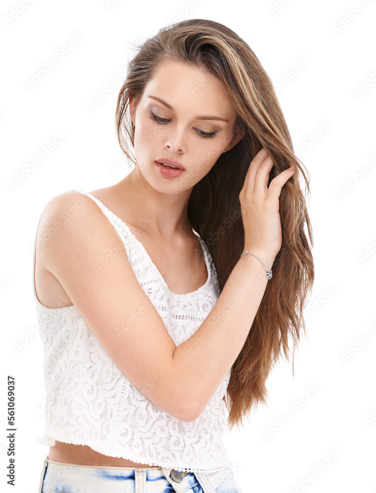 Hair care, beauty and portrait of woman with hand in hair, natural salon hair style and white background. Health, wellness and luxury haircare with beautiful fashion model on studio background Hair care, beauty and portrait of woman with hand in hair, natural salon hair style and white background. Health, wellness and luxury haircare with beautiful fashion model on studio background