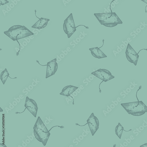 Graduate hat engraved seamless pattern. Vintage element education in hand drawn style. Sketch texture for fabric, wallpaper, textile, print, title, wrapping paper. Vector illustration.