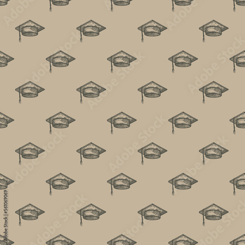 Graduate hat engraved seamless pattern. Vintage element education in hand drawn style. Sketch texture for fabric, wallpaper, textile, print, title, wrapping paper. Vector illustration.