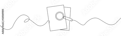 Paper document with magnifying glass one line.Office notes concept.Continuous line drawing of paper sheet document.Business analysis concept.