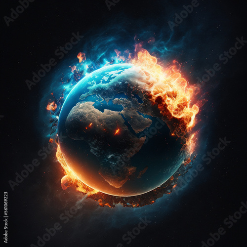  Planet Earth burning in space, global warming catastrophe concept. Generative Ai