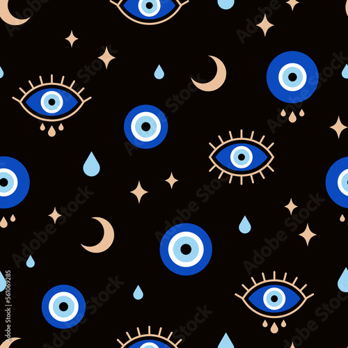 Evil eyes seamless pattern. Vector illustration of protection talismans. Line art. Texture for print, textile.