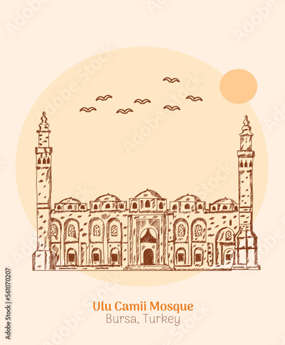 bursa ulu camii, Grand Mosque of Bursa Hand drawing vector illustration line art. Art of the great architect Sinan