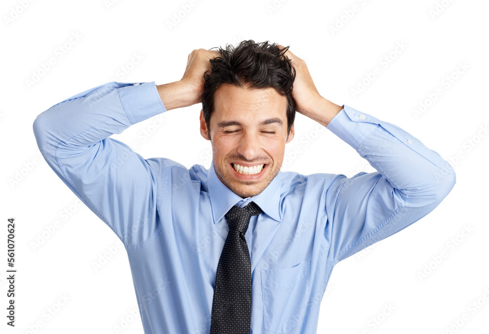 Frustrated businessman, stress and pulling hair on studio background in finance fraud, money laundering or mistake. Worker anxiety, crisis or nervous employee with mental health burnout or stock loss Frustrated businessman, stress and pulling hair on studio background in finance fraud, money laundering or mistake. Worker anxiety, crisis or nervous employee with mental health burnout or stock loss