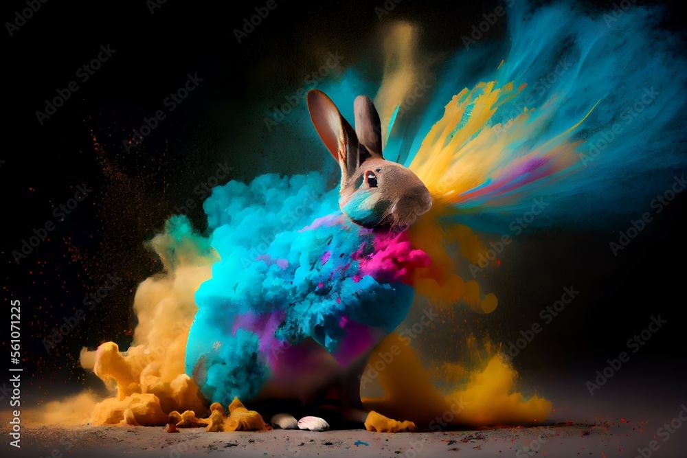 Colorful splashing rabbit of holi paint powder color on black ...