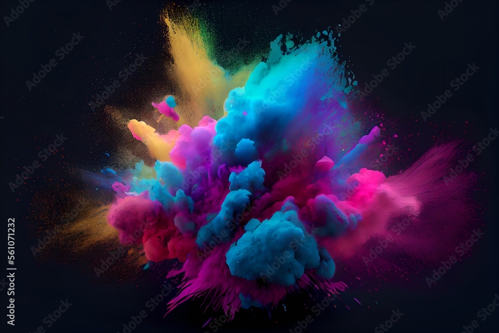 Naklejka premium Colorful splash explosion of holi paint powder color on black background.Ai generated