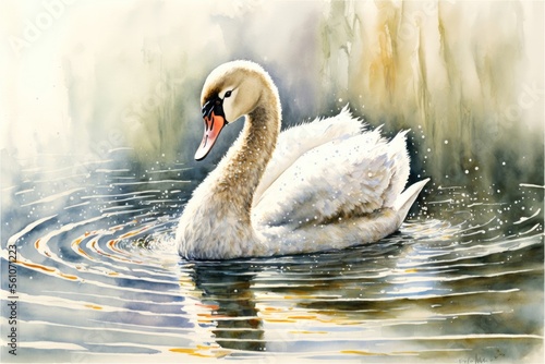 Fototapeta Naklejka Na Ścianę i Meble -  Cute swan in the lake watercolor painting. Generative AI