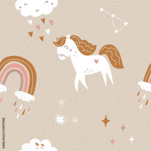 Seamless repeating pattern with cute unicorns on a white background. Vector illustration for fashion fabrics, textile graphics, prints, etc.
