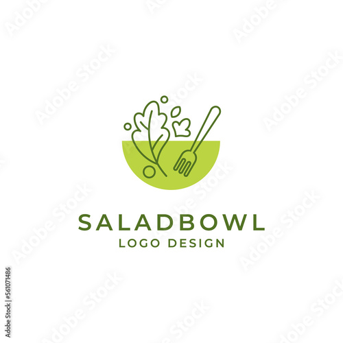 leaves and bowl for salad, vegan or healthy food logo	
design