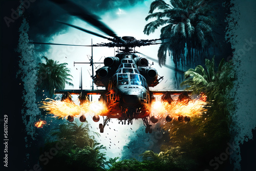 Helicopter gunship rains down missile and machine gun fire. Action scene. Made with Generative AI.	
 photo