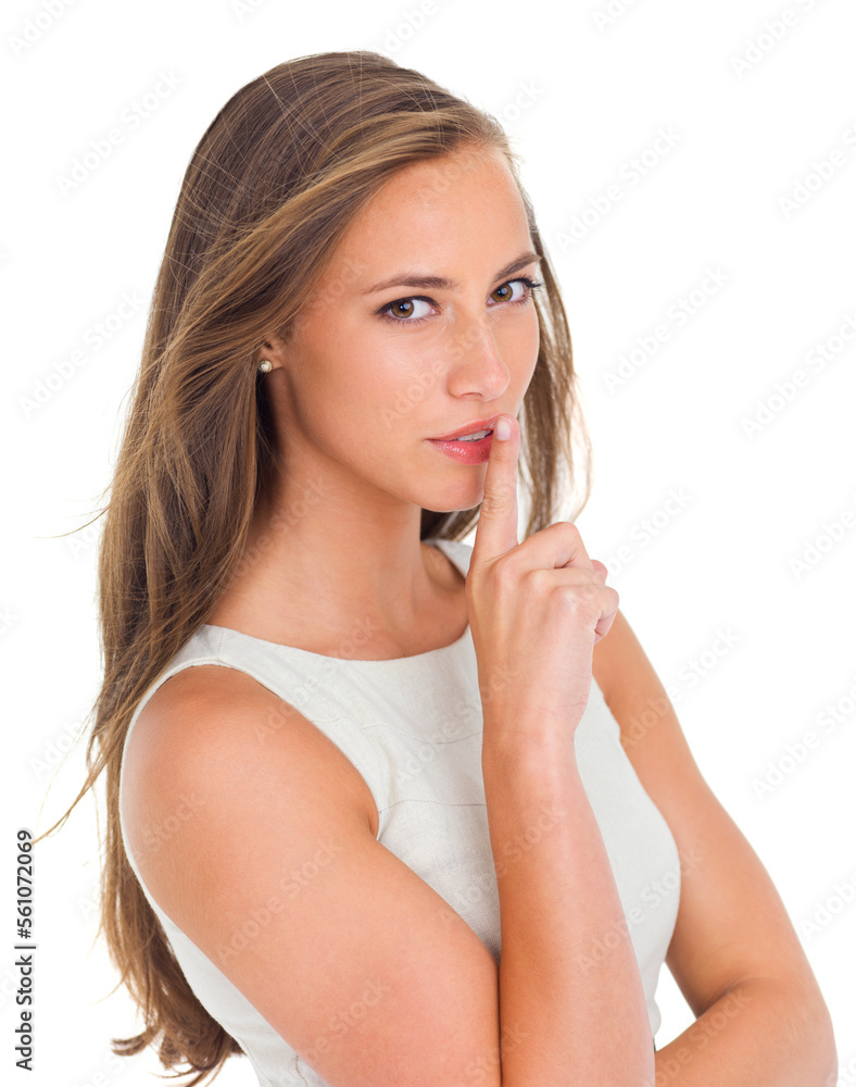 Woman, secret portrait and finger on lips for whisper, announcement silence or silent hands gesture in white background. Model, relax face and hush noise sign or quite headshot isolated in studio Woman, secret portrait and finger on lips for whisper, announcement silence or silent hands gesture in white background. Model, relax face and hush noise sign or quite headshot isolated in studio