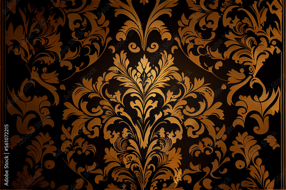 Golden damask pattern on a dark background ideal for decoration and wallpaper, generative AI Golden damask pattern on a dark background ideal for decoration and wallpaper, generative AI