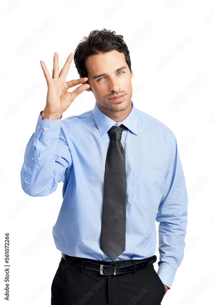 Portrait, gesture and small with a business man in studio isolated on a white background to sign a tiny symbol. Social media, review and feedback with a male employee posing on blank marketing space Portrait, gesture and small with a business man in studio isolated on a white background to sign a tiny symbol. Social media, review and feedback with a male employee posing on blank marketing space