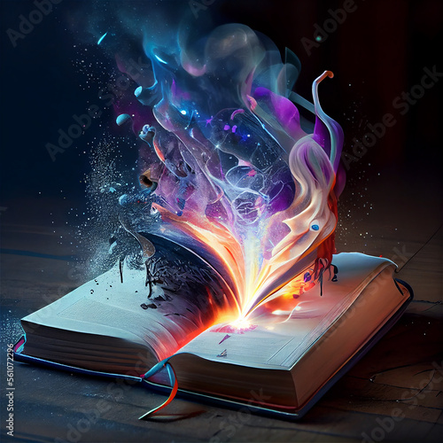 Print op canvas Magic coming out of an open book, symbolizing the power of reading, generative A
