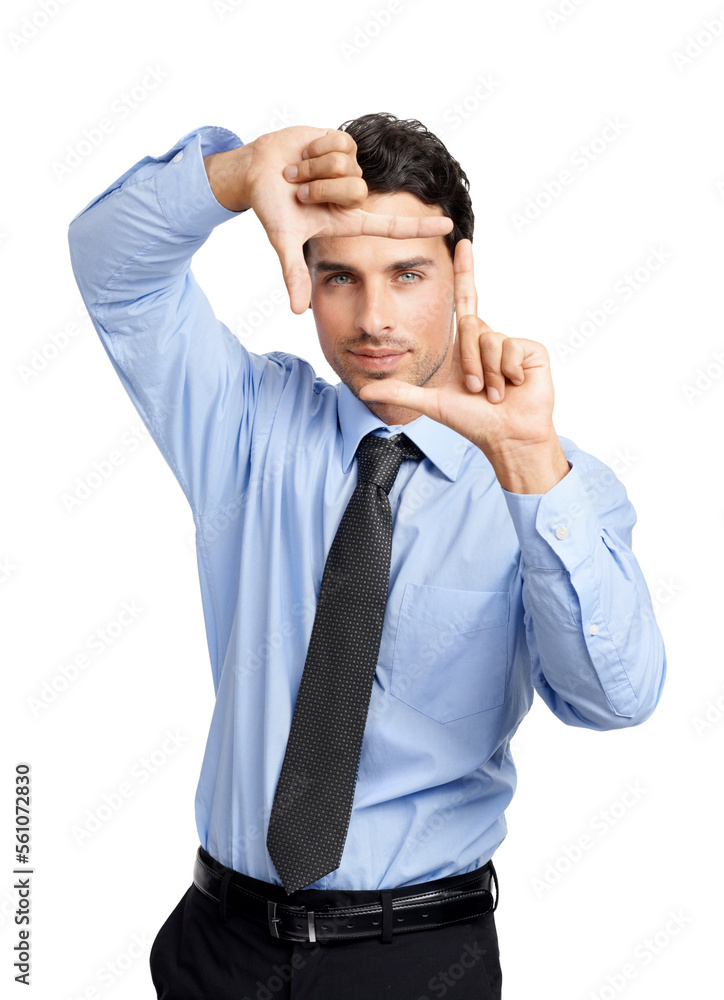 Portrait, businessman and finger frame on studio background for profile picture. Young worker, hand sign and framing face for corporate perspective, professional update and vision, planning and focus Portrait, businessman and finger frame on studio background for profile picture. Young worker, hand sign and framing face for corporate perspective, professional update and vision, planning and focus