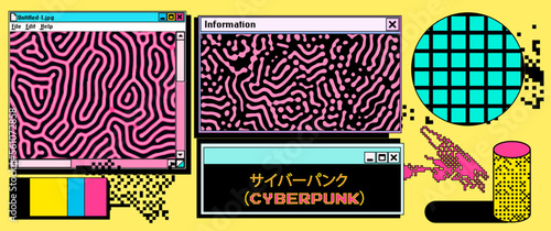 Collage of a user interface elements in acid neon colors. Vector illustration for programming and IT subjects.