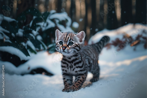 Bengal Kitten in snow  3D render  Generative AI