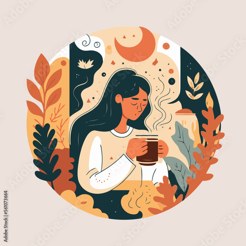 woman enjoy drink cup of coffee or tea Hygge concept vector flat illustration