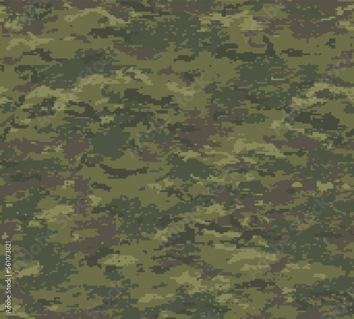 Woodland camouflage seamless pattern incorporating tiny pixels and geometrical shapes of light brown and olive green shades.