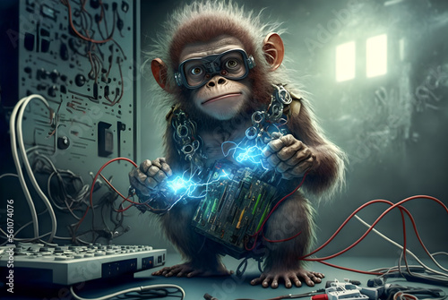 A monkey with electrical appliances.