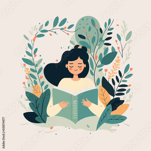 young woman enjoy sitting reading book hygge concept vector illustration
